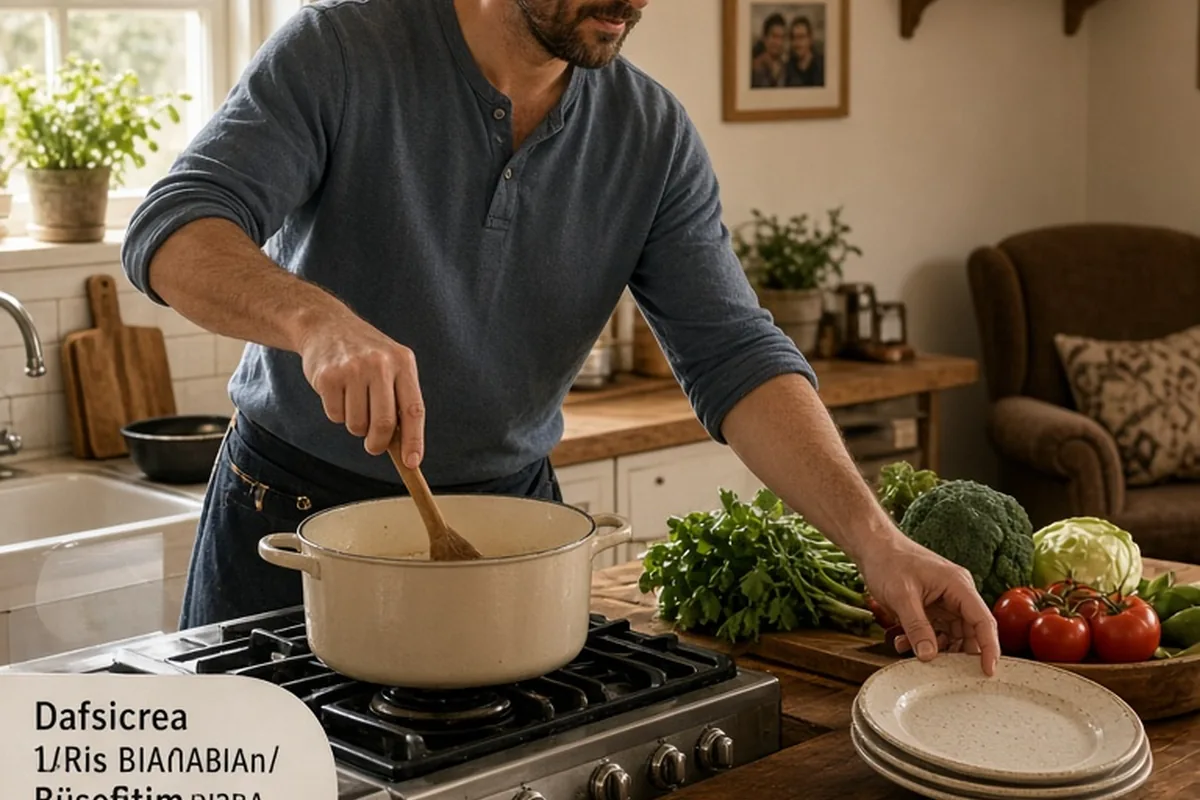 A man in his kitchen preparing dinner at home, carefully setting the table and stirring a pot.