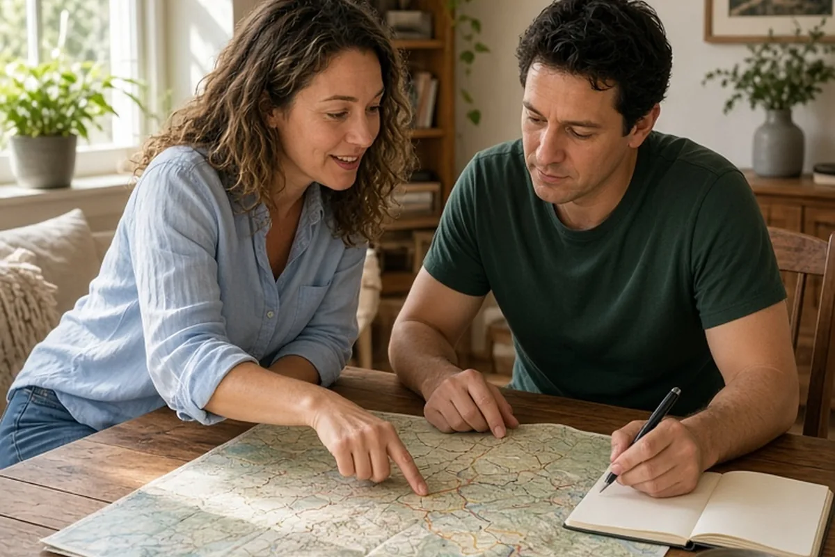 A clearly adult woman with shoulder-length wavy brown hair and a clearly adult man with short dark hair sitting at a wooden dining table in a sunlit living room; the woman points at a travel map while