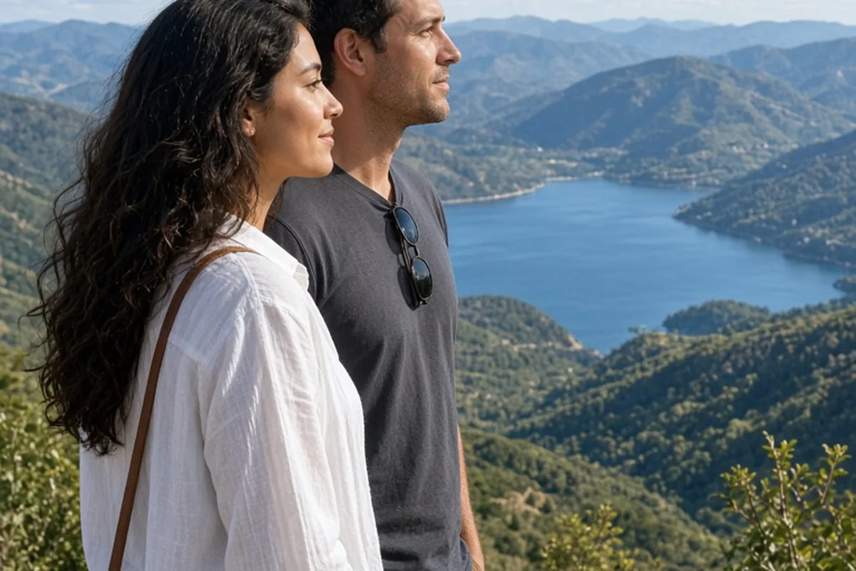 The woman and man standing at a scenic overlook the woman looking out at the horizon and the man beside her