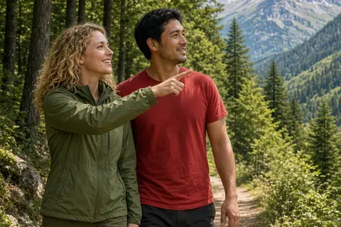 A woman and man walking on a forest trail, woman pointing at a mountain view, man beside her smiling