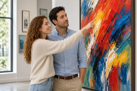 A woman and a man in an art gallery looking at a large abstract painting, with the woman pointing at the artwork and the man observing it.