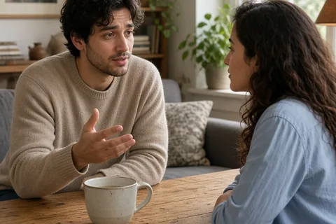 A clearly adult man with wavy dark hair wearing a beige sweater sits across from a clearly adult woman with long wavy dark brown hair in a blue blouse at a wooden table, as he speaks calmly about his 