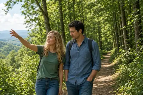 A clearly adult woman in her late twenties with long wavy blonde hair wearing a casual green t-shirt and jeans and a clearly adult man in his thirties with short dark hair wearing a blue button-down s