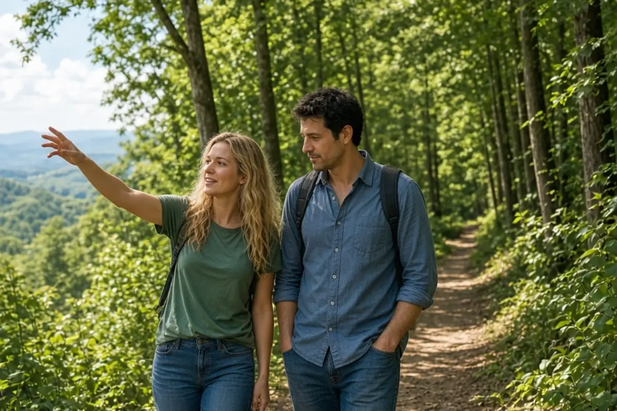 A clearly adult woman in her late twenties with long wavy blonde hair wearing a casual green t-shirt and jeans and a clearly adult man in his thirties with short dark hair wearing a blue button-down s