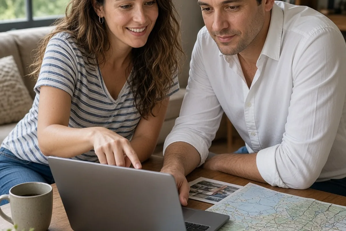 A clearly adult woman with long wavy brown hair leaning excitedly over a table pointing at a laptop while a clearly adult man with short dark hair studies travel documents and a map in a living room.