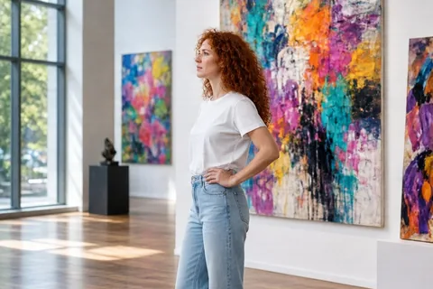 A woman in her early thirties with curly red hair and blue eyes wearing a white t-shirt and jeans standing in a modern art gallery pausing in front of a large abstract painting on the wall