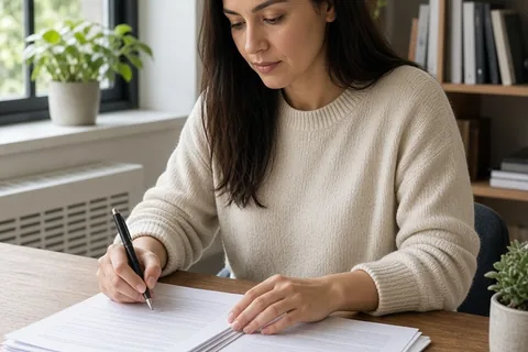 A woman with long straight dark hair sitting at a desk in an office reviewing documents and writing notes with a pen