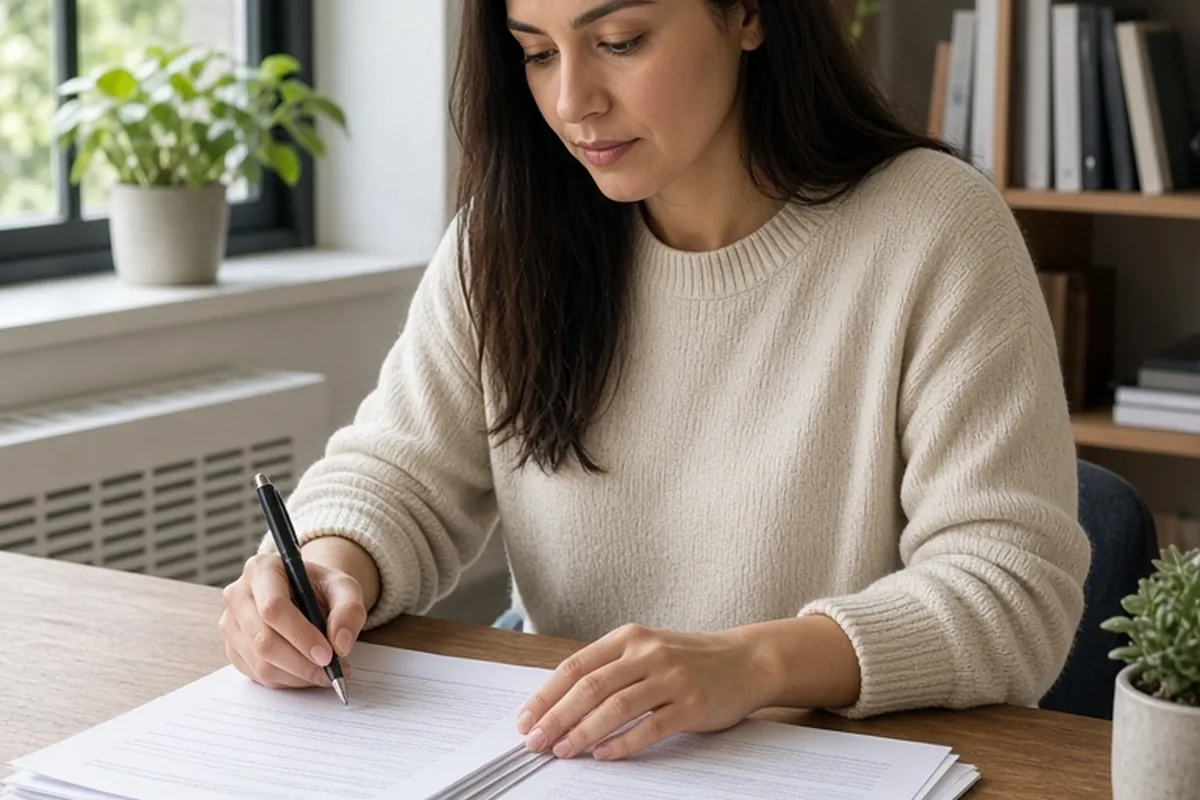 A woman with long straight dark hair sitting at a desk in an office reviewing documents and writing notes with a pen