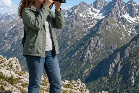 A clearly adult woman in the mountains holding a camera and taking a photograph of the scenic landscape