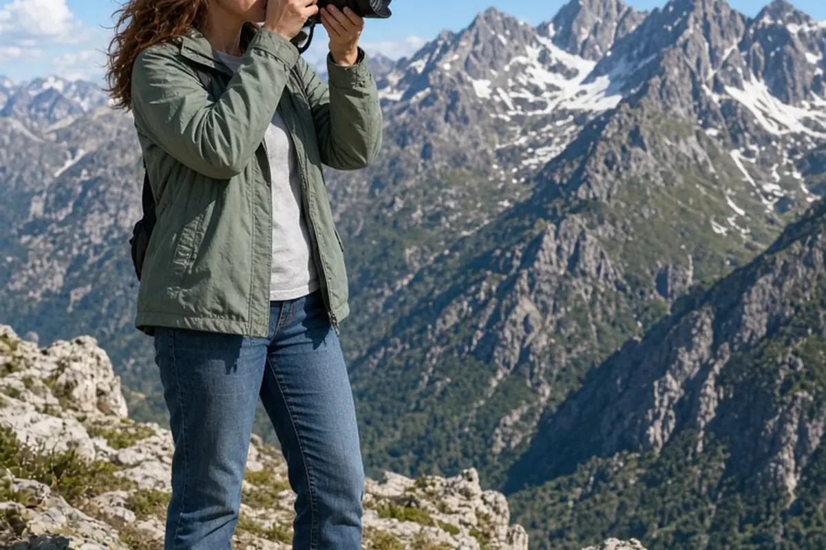 A clearly adult woman in the mountains holding a camera and taking a photograph of the scenic landscape