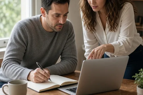 A man in a gray sweater writing in a journal at a desk while a woman in a white blouse points at a laptop screen in a sunlit home office.