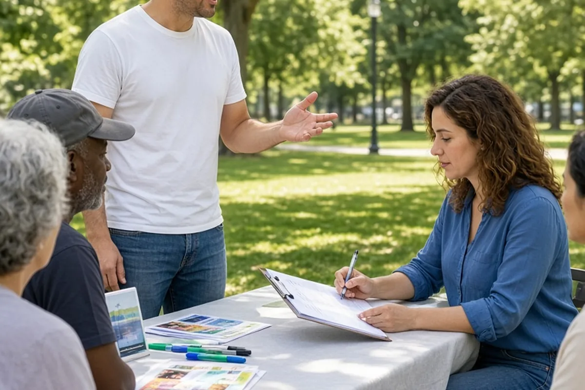 A man and a woman in a park collaborating on a community project, one talking to people at a table and the other looking at a clipboard