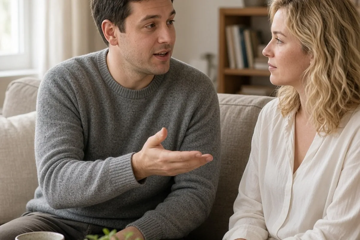 A man and a woman in their thirties sitting on a sofa in a living room engaged in a conversation about relationship communication styles