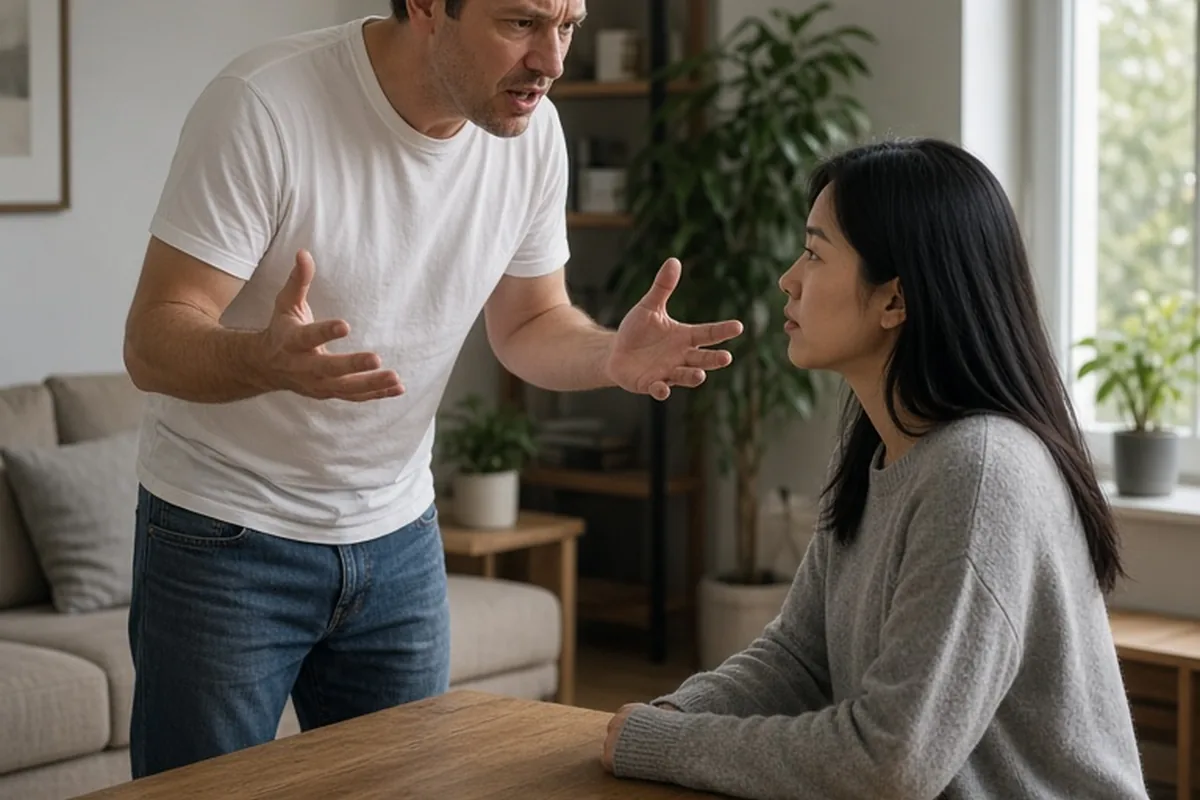 A man in his early forties with short brown hair wearing a white t-shirt gestures while speaking in a living room as a woman in her late twenties with straight black hair listens with a composed expre