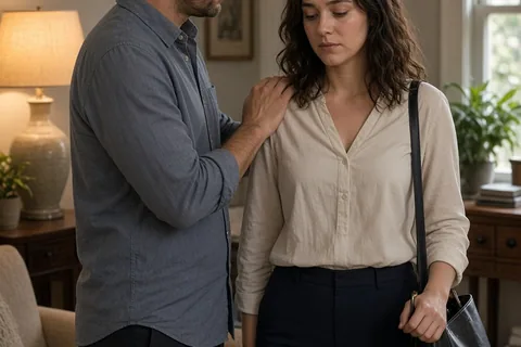 A man in a casual shirt gently placing his hand on the shoulder of a tired woman in professional attire as she enters their home, sensing her fatigue and offering support without questions.