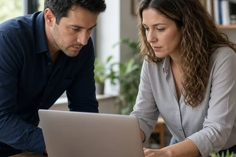 Two adults sitting at an office desk with a laptop between them, both focused on the screen in collaboration