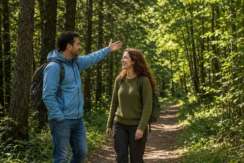 Two adults walking on a scenic forest trail, a man with short dark hair and a woman with wavy auburn hair in hiking clothes, engaged in conversation.