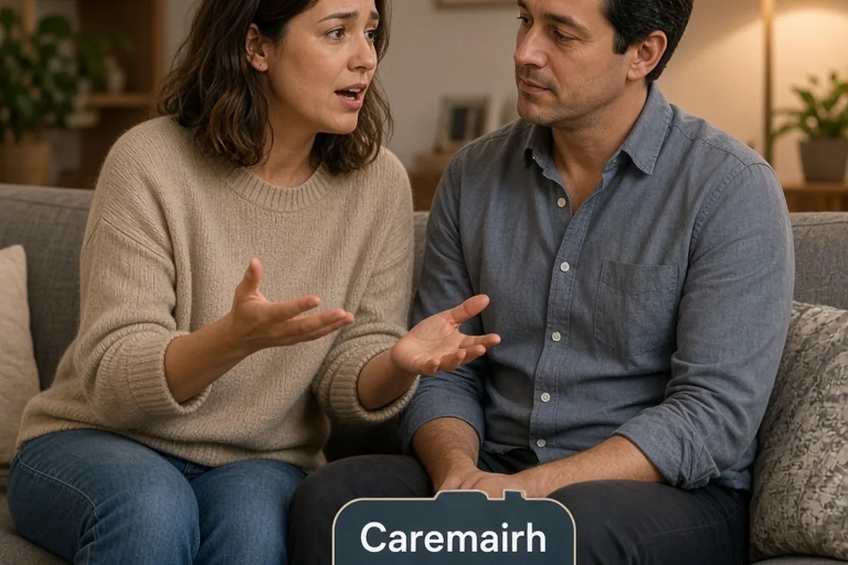A woman in her early thirties with shoulder-length brown hair gestures while speaking to a man in his late thirties with short dark hair as they sit on a couch in their living room.