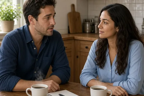David and Maya sitting across a kitchen table in a calm morning conversation about work and feelings, with coffee cups and a notebook.
