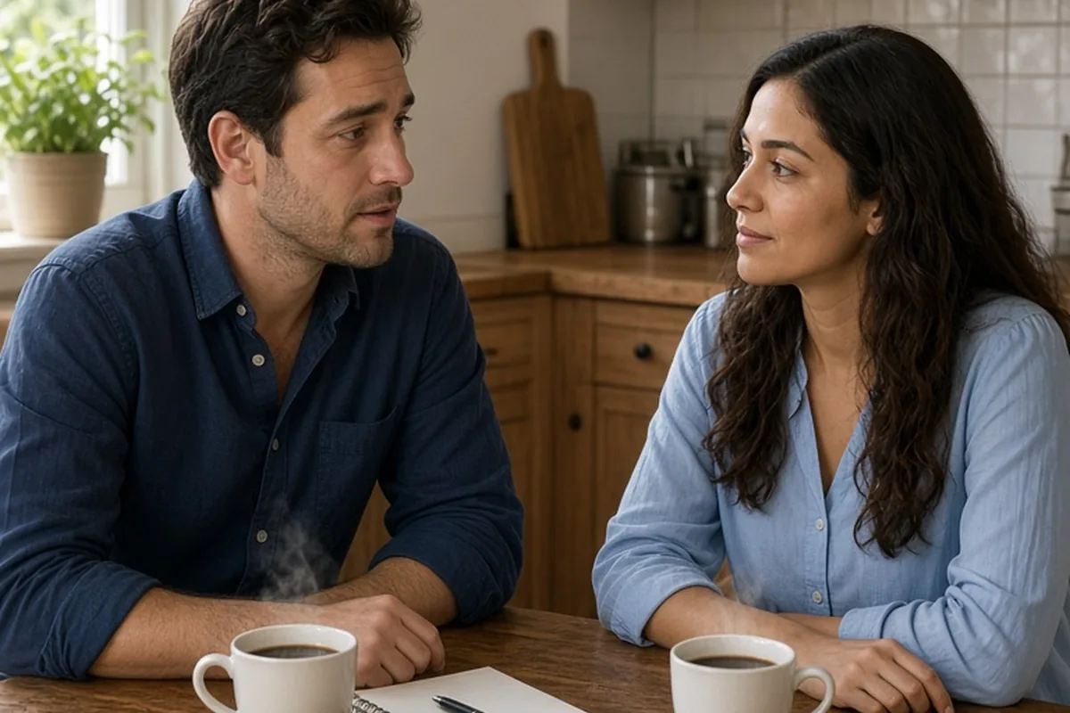 David and Maya sitting across a kitchen table in a calm morning conversation about work and feelings, with coffee cups and a notebook.