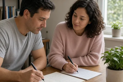 A man in a light gray t-shirt and a woman in a pink sweater write notes at a desk in a home office during a monthly check-in