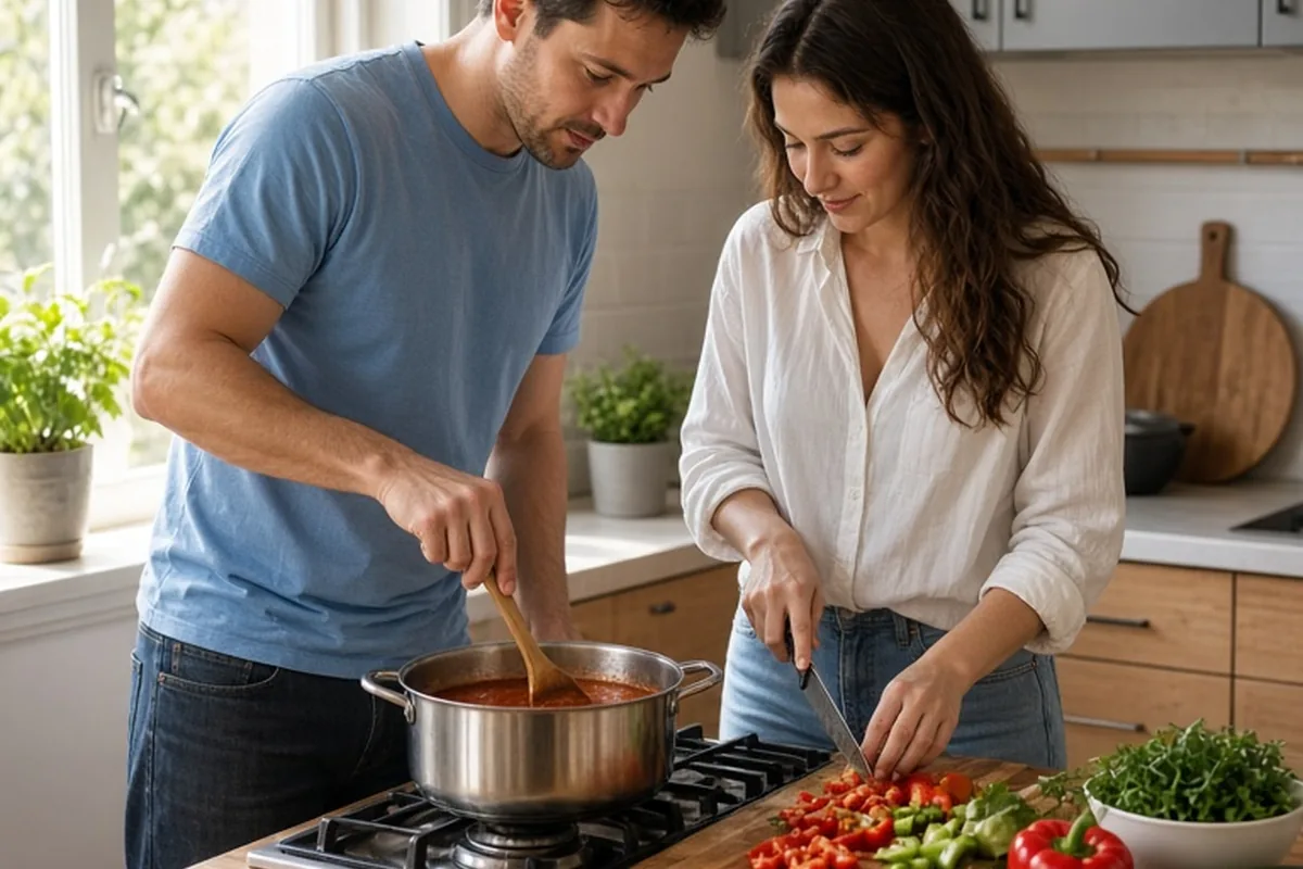 A couple cooking together in a bright kitchen, the man stirring a pot of sauce and the woman chopping vegetables on the counter