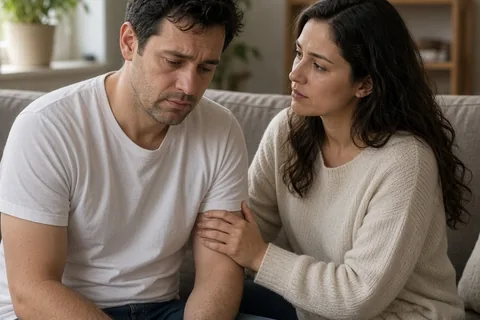 A stressed man sitting on a couch as a woman beside him offers quiet comfort with a hand on his arm
