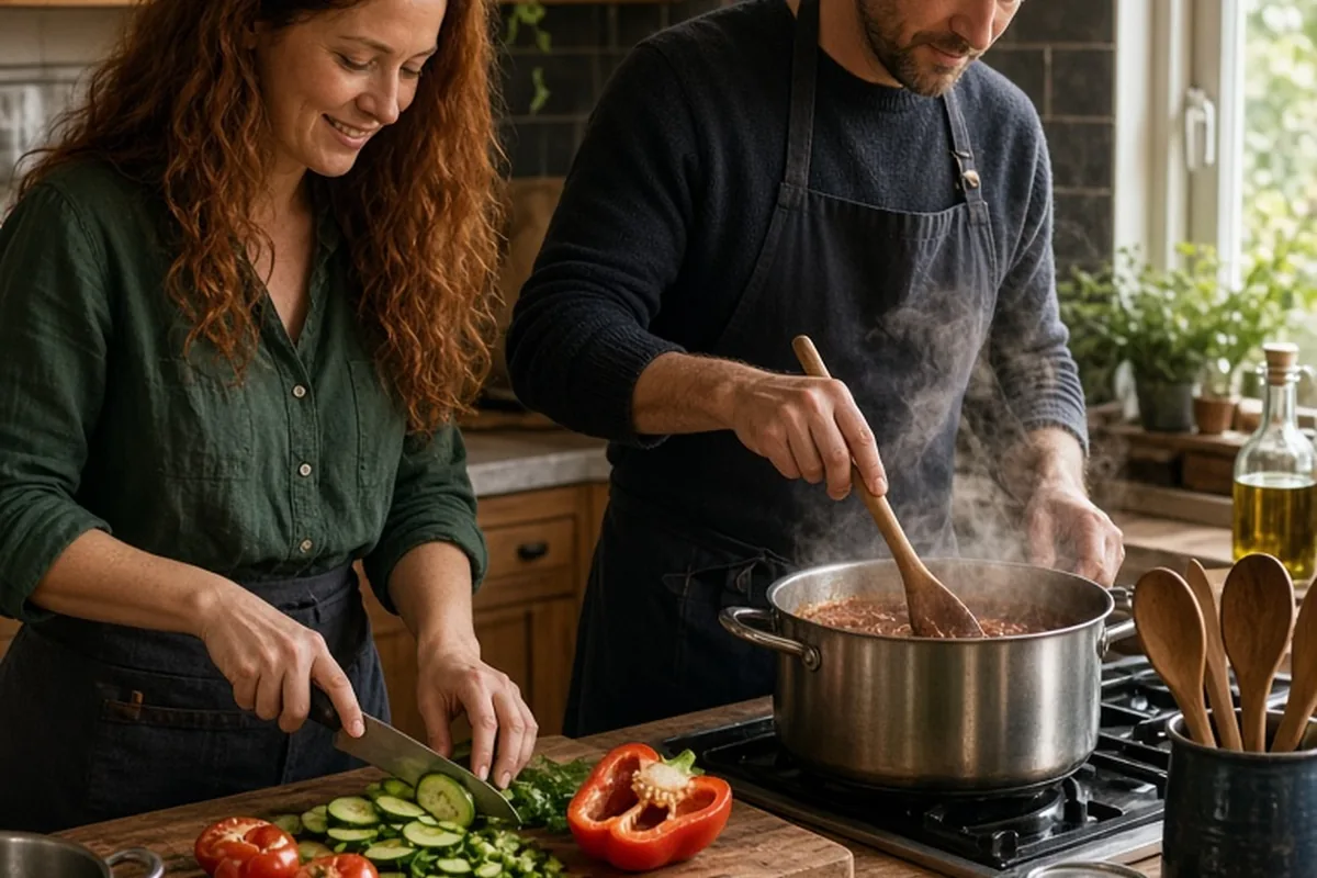 Two adults in a kitchen collaborating to cook a meal: the woman with long wavy auburn hair slicing vegetables on a cutting board and the man with short dark brown hair stirring a pot on the stove