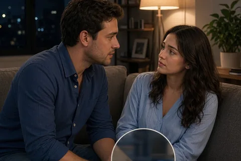 A man with short dark brown hair and a woman with long wavy dark brown hair sitting on a couch in a living room at night, the man speaking to the woman