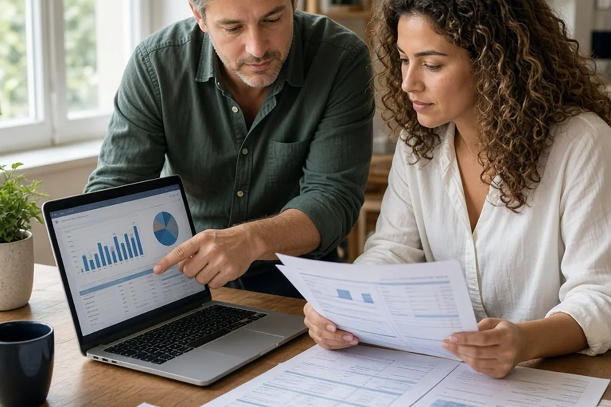 A man and a woman sitting at a desk in a home office reviewing financial documents on a laptop and printed statements.