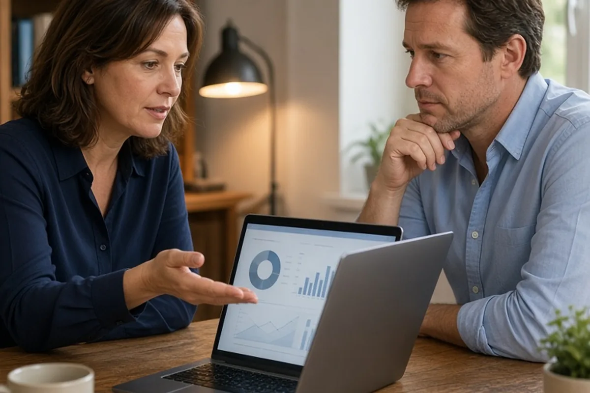 A woman presenting her business project on a laptop to a man in a home office setting