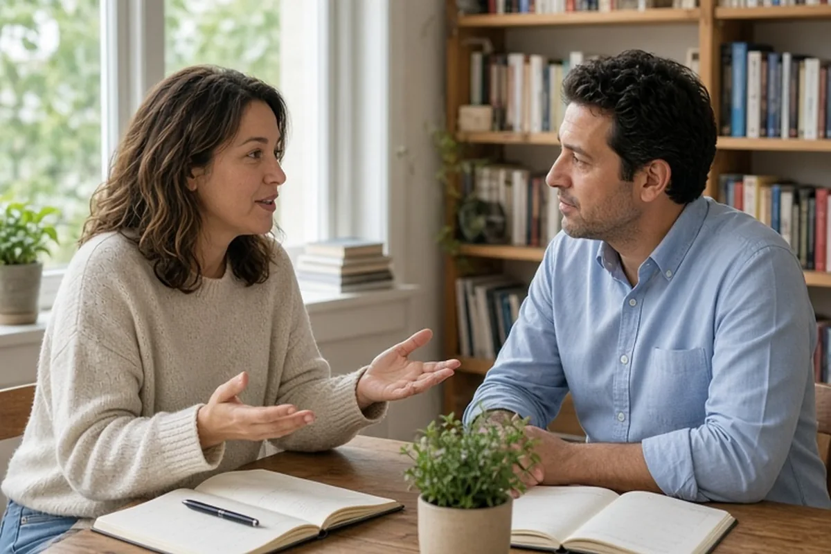 A clearly adult woman with wavy brown hair and a clearly adult man with short dark hair sitting at a desk in a home office, one speaking while the other listens attentively.