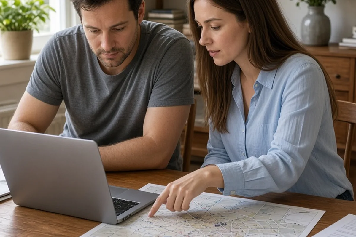 A man and a woman in their thirties at a wooden desk in a home office, one pointing to a city map and the other looking at a laptop during collaborative planning.