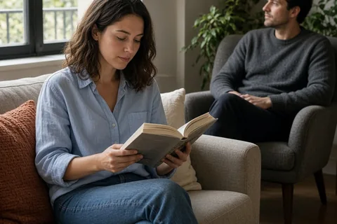 A woman in her mid-twenties with brown hair wearing a light blue blouse and jeans sitting on a couch reading a book, with a man in his thirties with short dark hair and stubble wearing a gray sweater 
