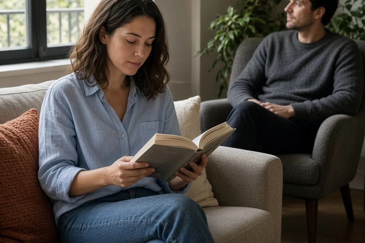 A woman in her mid-twenties with brown hair wearing a light blue blouse and jeans sitting on a couch reading a book, with a man in his thirties with short dark hair and stubble wearing a gray sweater 