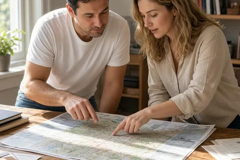 A man and a woman sitting at a desk with a large city map, the woman pointing at a location while the man gestures towards an alternative.