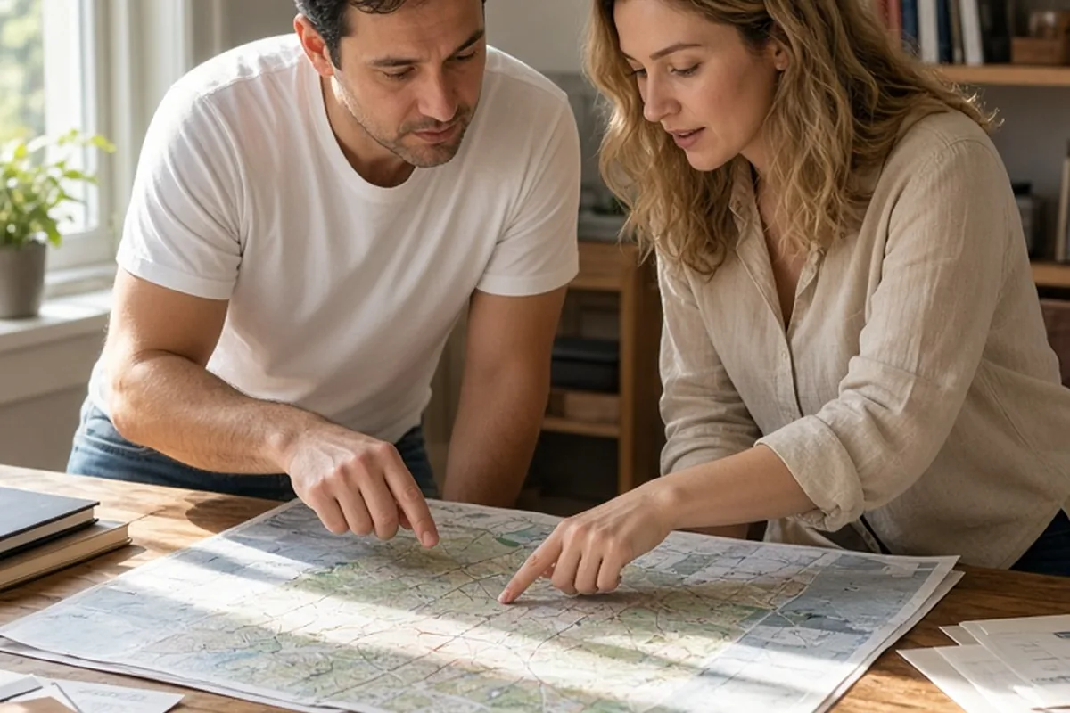 A man and a woman sitting at a desk with a large city map, the woman pointing at a location while the man gestures towards an alternative.