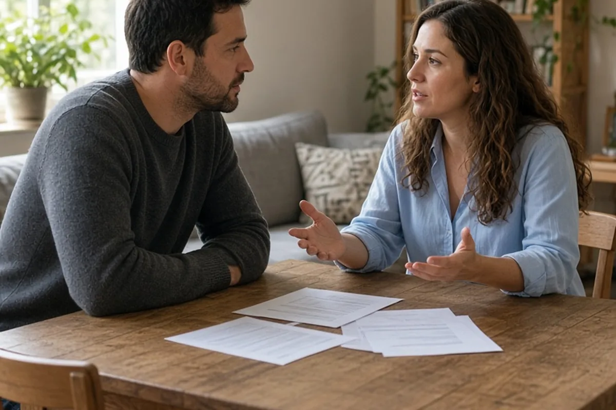 Man and woman sitting at a wooden table in a living room, the man listening as the woman speaks