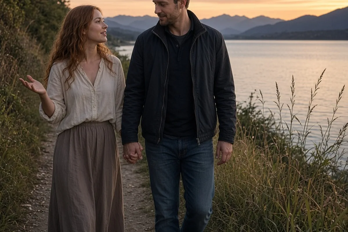 A man and woman walking hand in hand along a lakeside path at dusk with the woman gesturing as she speaks and the man listening attentively