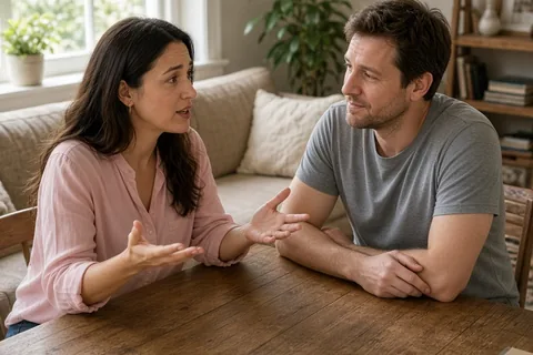The man and woman in their mid-thirties sitting at a table in a living room, the woman gesturing while speaking and the man listening attentively.