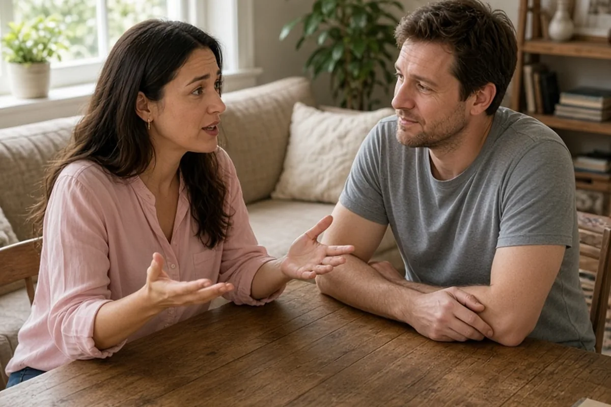 The man and woman in their mid-thirties sitting at a table in a living room, the woman gesturing while speaking and the man listening attentively.