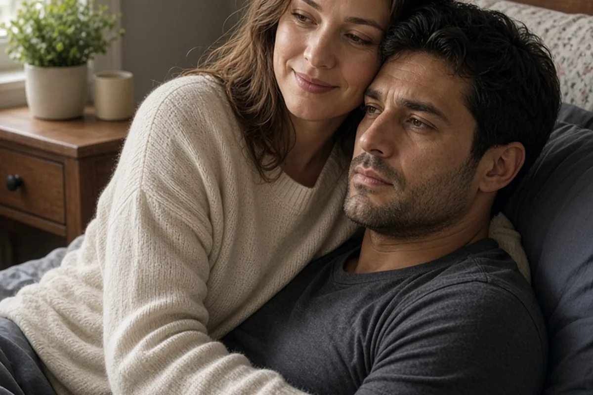 A Taurus woman with fair skin and warm brown eyes wearing a simple cream-colored sweater gently embracing a Scorpio man with short dark hair and intense brown eyes wearing a fitted dark gray shirt on 