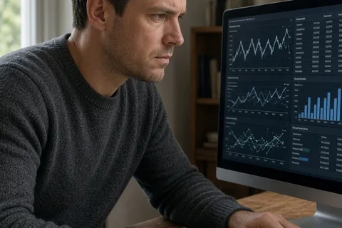 A man in his mid-thirties with short brown hair sitting at a desk, leaning forward and studying a computer screen with a concentrated expression