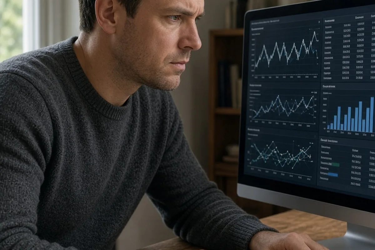 A man in his mid-thirties with short brown hair sitting at a desk, leaning forward and studying a computer screen with a concentrated expression