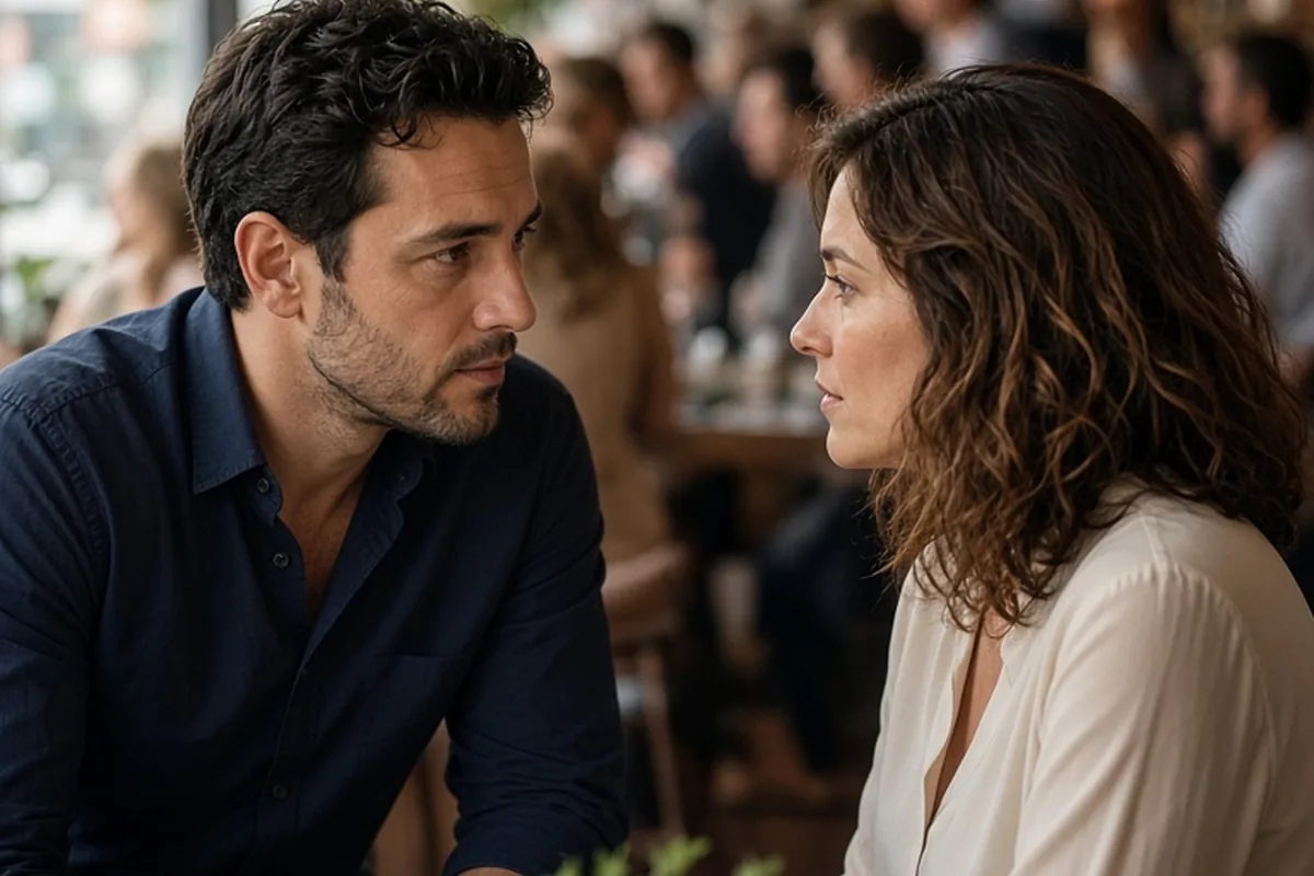 A man in his mid-thirties with short dark hair and stubble holds intense eye contact with a woman in her mid-thirties with wavy brown hair at a restaurant table in a crowded gathering