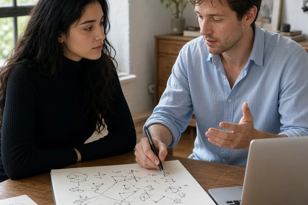 Scorpio woman with long dark wavy hair in black turtleneck and Aquarius man with short brown hair in blue shirt at a table with sketchpad, the man drawing abstract concepts while the woman listens wit