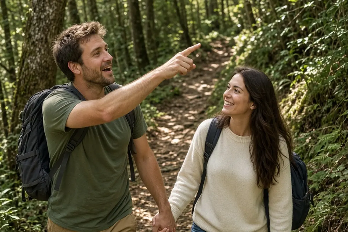 a clearly adult man and a clearly adult woman walking hand in hand on a forest trail