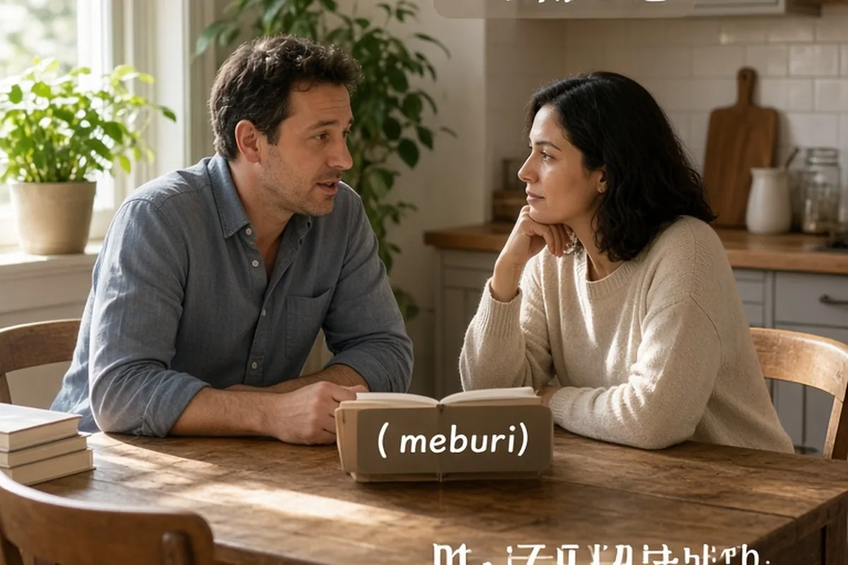 The Scorpio woman and Cancer man sitting at a kitchen table having a calm conversation during their Sunday morning check-in, with the man speaking and the woman listening.