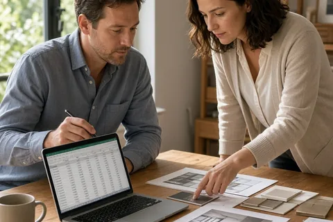 A man in his mid-thirties with short brown hair focused on a laptop with spreadsheets in a home office as a woman in her early thirties with wavy dark hair points at design plans beside him