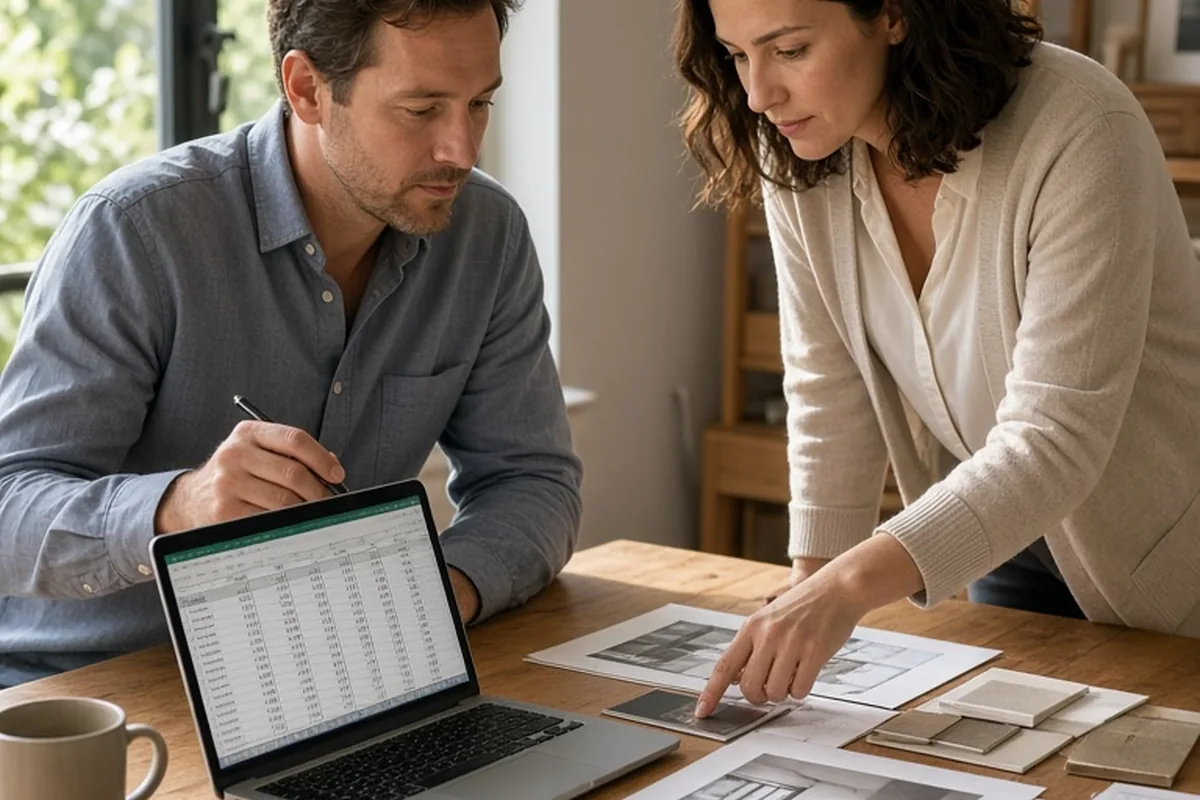 A man in his mid-thirties with short brown hair focused on a laptop with spreadsheets in a home office as a woman in her early thirties with wavy dark hair points at design plans beside him